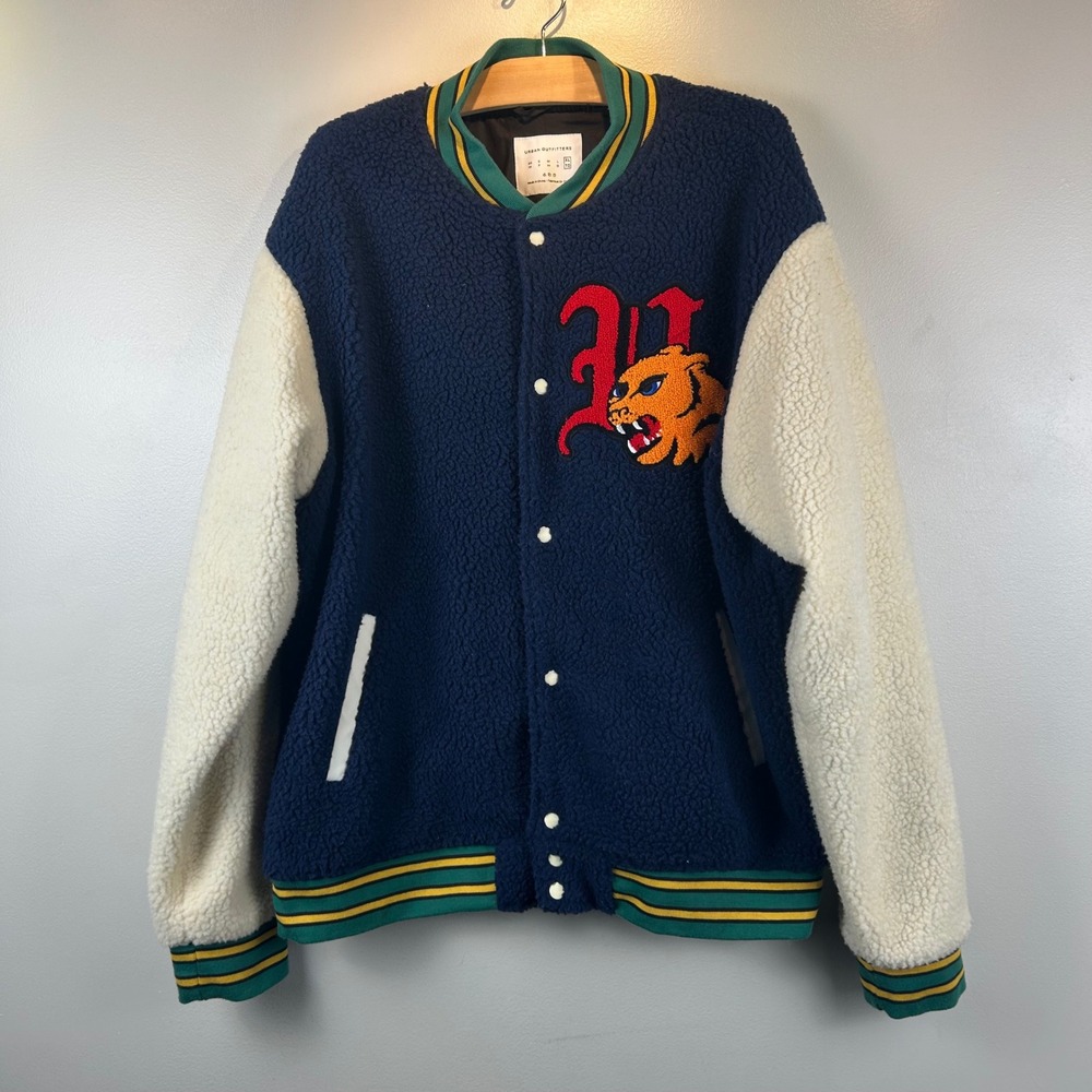 Urban Outfitters Sherpa Varsity Jacket XL Navy Cream Tiger Patch Letterman